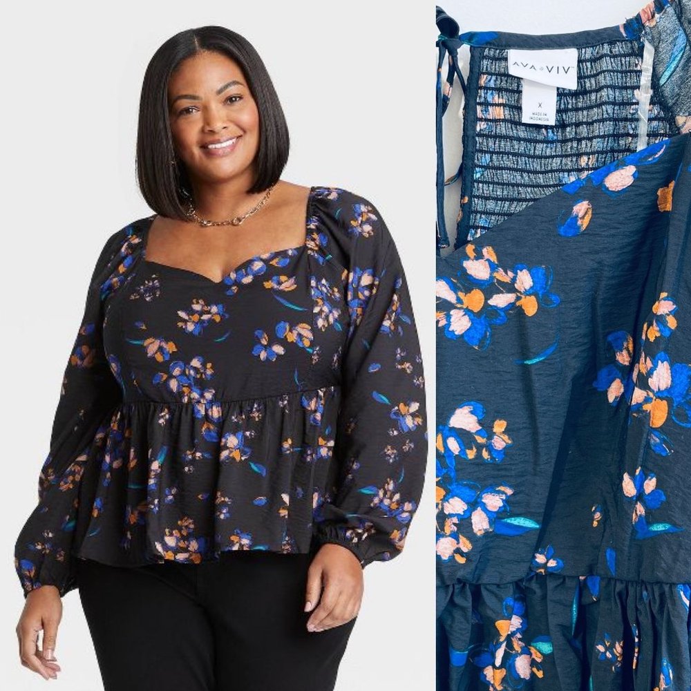 Ava & Viv Women's Top Size 3X Black Peplum Floral Print Long Sleeve Plus New